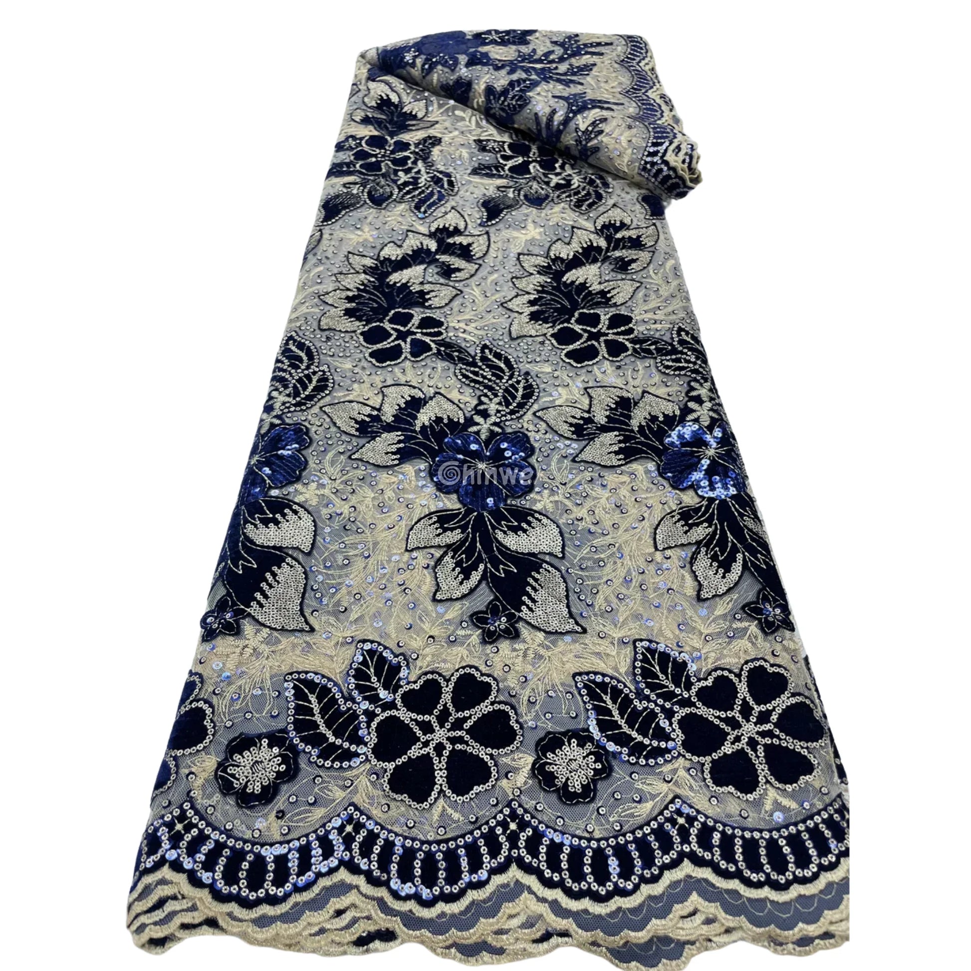 Champagne Mesh Floral Velvet Appliqué Sequined Lace Fabric with Scalloped Floral Edge