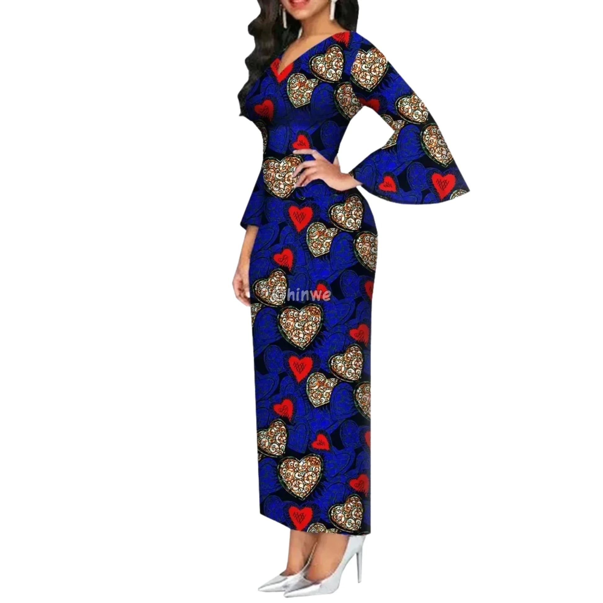 Imani One Shoulder Flare Sleeve Ankara Dress In Mystic Roots Heartbeat Navy Mix / Customized Women’s Clothing