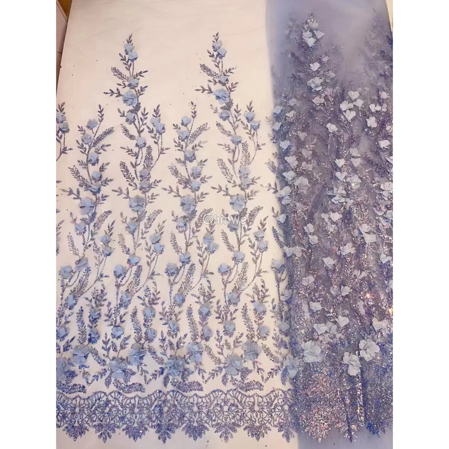 3D Appliqué Petal Lace with Sequined Vine Embroidery – Luxury Wedding & Party Fabric Lace