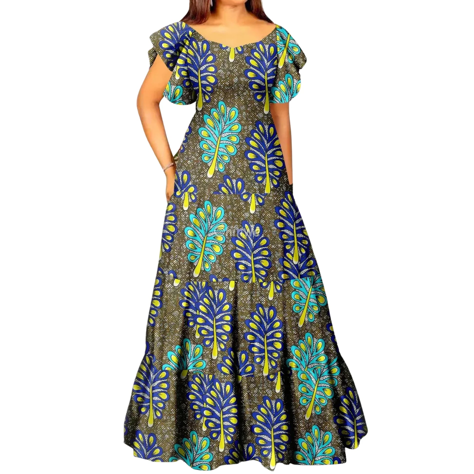 Palm Season High Waist Maxi Dress with Short Sleeves - Women’s Clothing