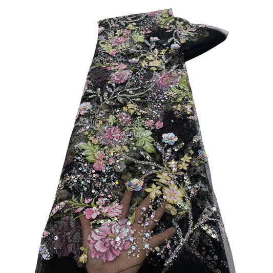 Multicolor Floral & Sequin Embroidered 3D Floral French Lace with Beaded Appliqué and Sequins on Soft Mesh Tulle Fabric