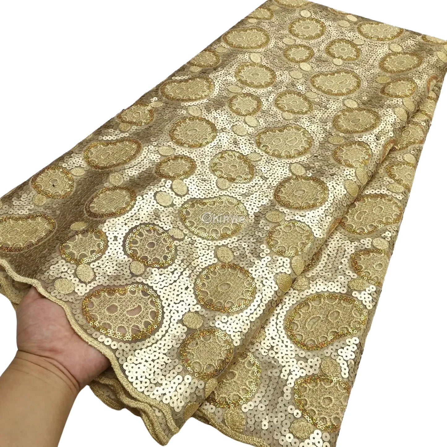 Sheer Sequined Stretch Lace Geometric Circle & Medallion Embroidered Print Fabric Lace