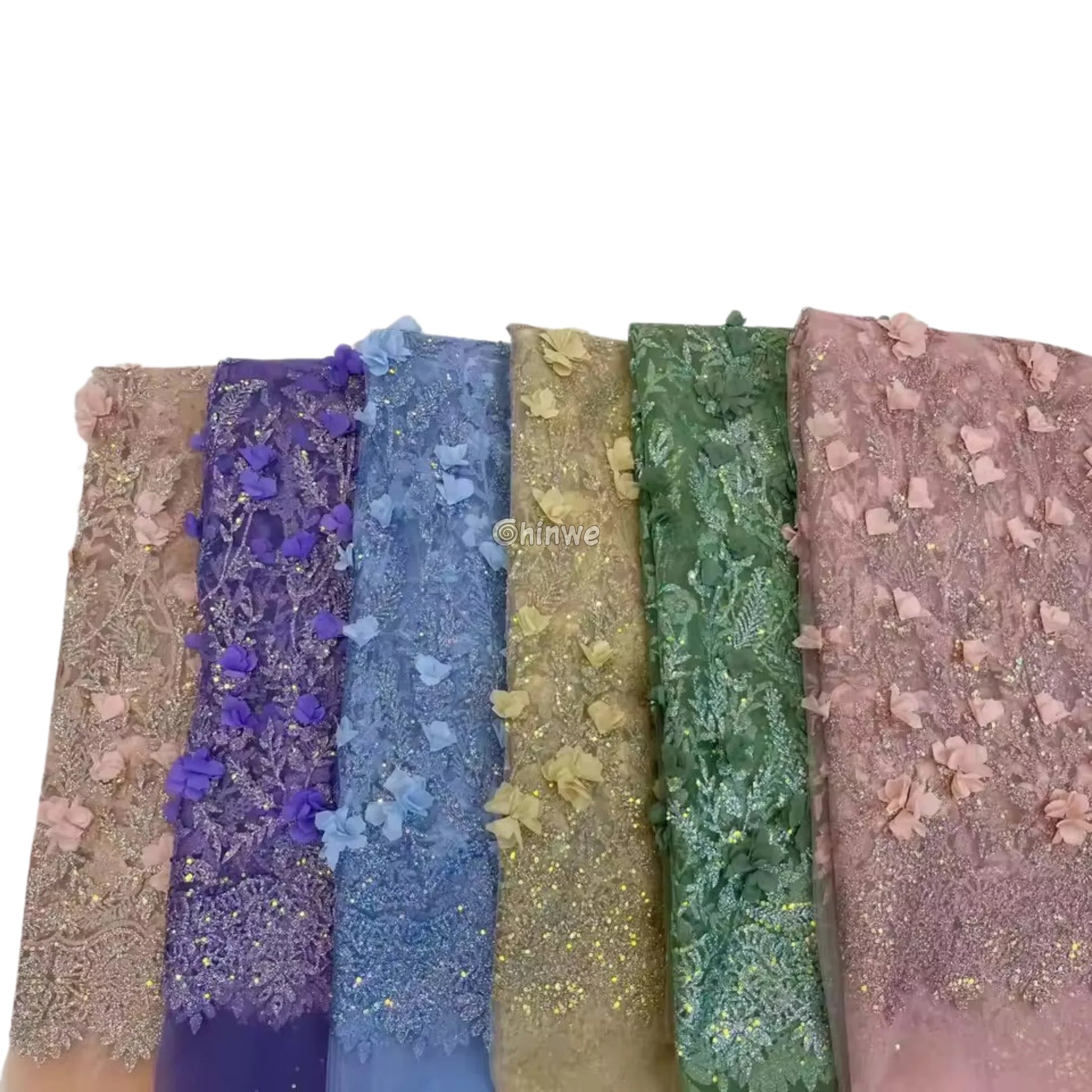 3D Appliqué Petal Lace with Sequined Vine Embroidery – Luxury Wedding & Party Fabric Lace