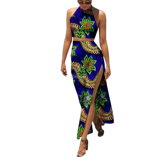 Summer Days Halter Two Piece Set Slit Maxi Skirt and Crop Top Snakevine Floral / Customized Women’s Clothing