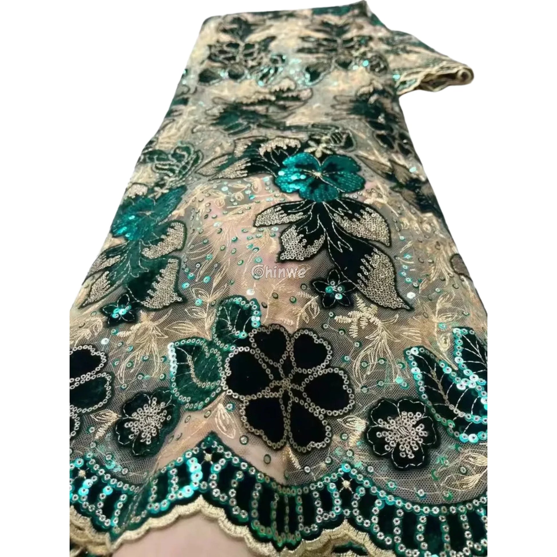 Champagne Mesh Floral Velvet Appliqué Sequined Lace Fabric with Scalloped Floral Edge