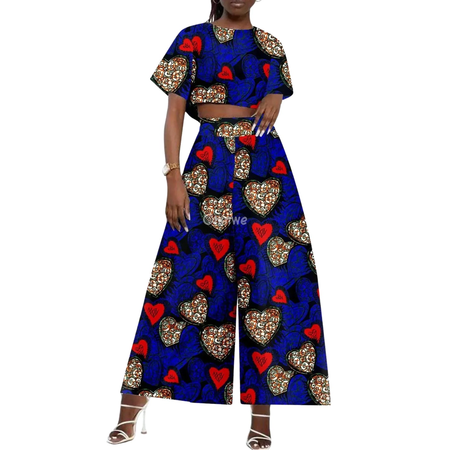 The Adamma Set Two Piece Crop Top and Wide Leg Pants - Indigo Heartbeat / Customized - Women’s Clothing