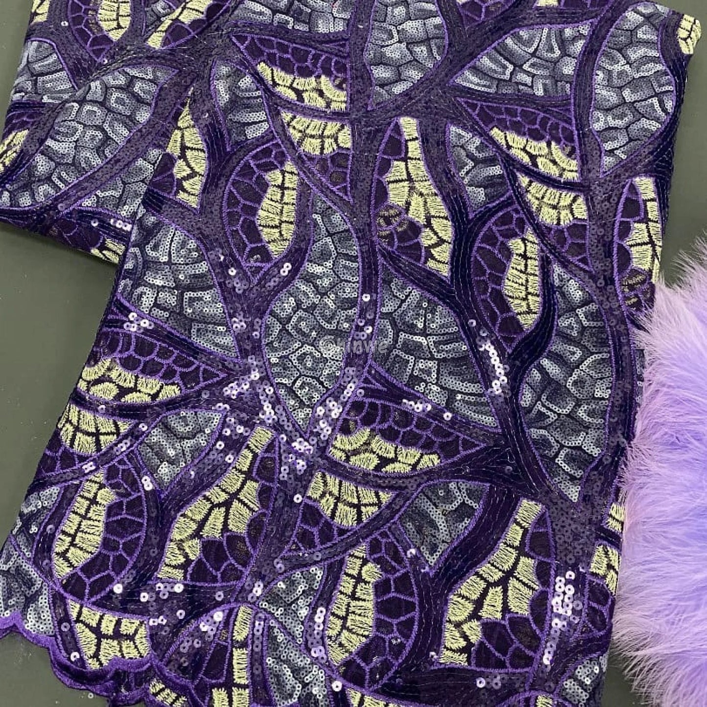 Swirl Sequin Embroidered Lace Print Fabric with Metallic Accents & Scalloped Edge Detail Lace