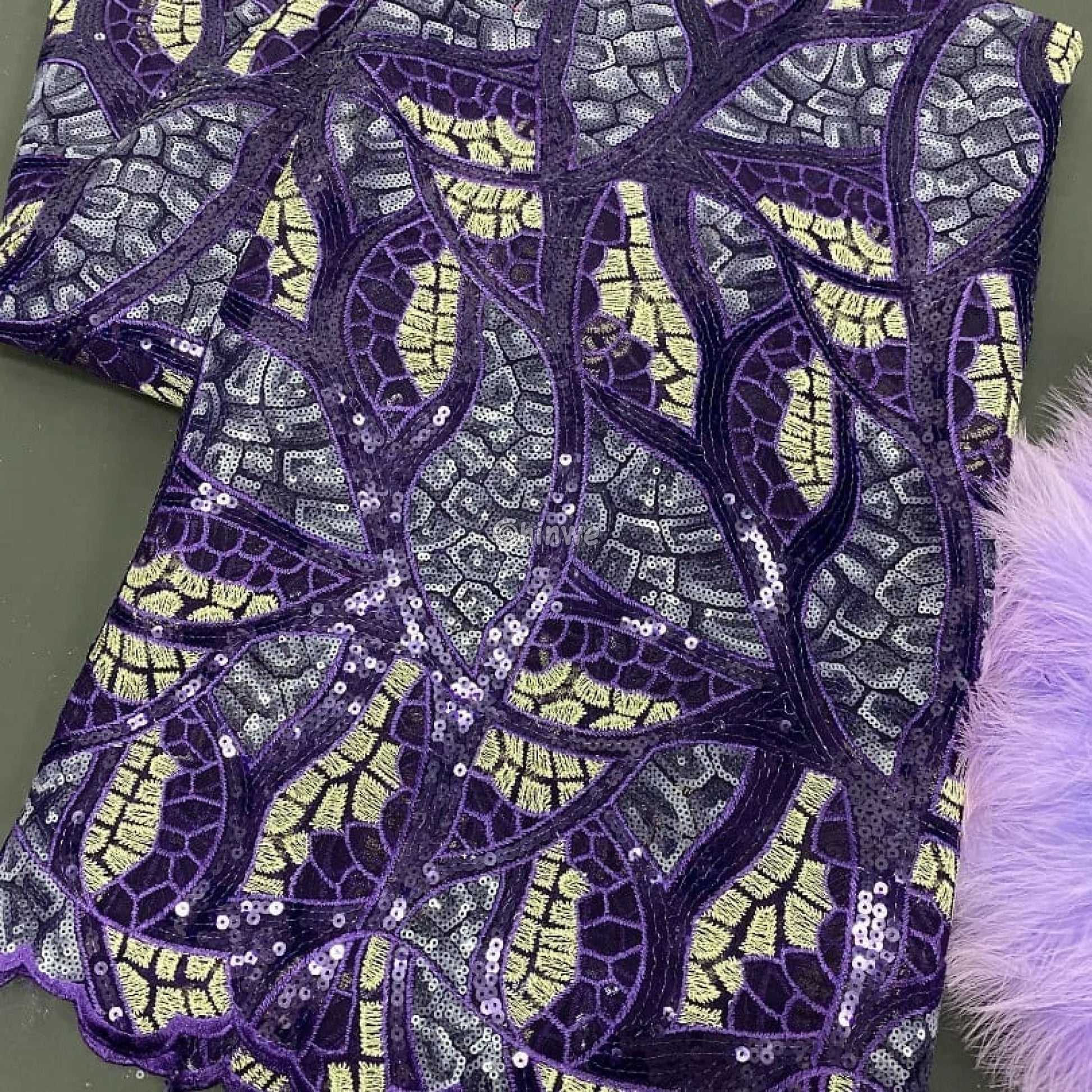 Swirl Sequin Embroidered Lace Print Fabric with Metallic Accents & Scalloped Edge Detail Lace