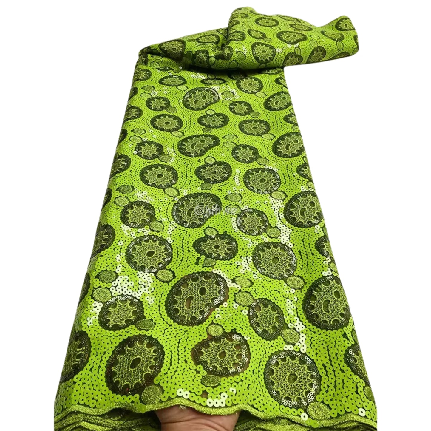 Sheer Sequined Stretch Lace Geometric Circle & Medallion Embroidered Print Fabric Chartreuse Green Base with Olive