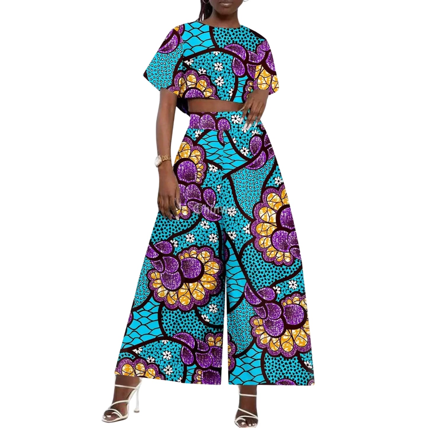 The Adamma Set Two Piece Crop Top and Wide Leg Pants - Ocean Bloom / Customized - Women’s Clothing
