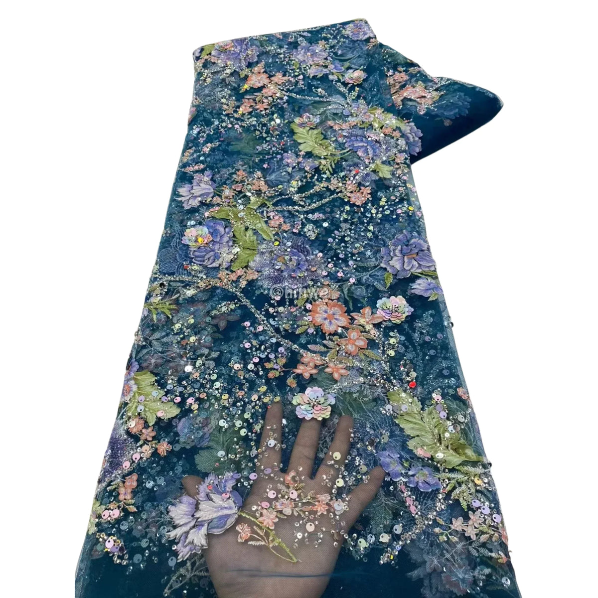 Multicolor Floral & Sequin Embroidered 3D Floral French Lace with Beaded Appliqué and Sequins on Soft Mesh Tulle Fabric