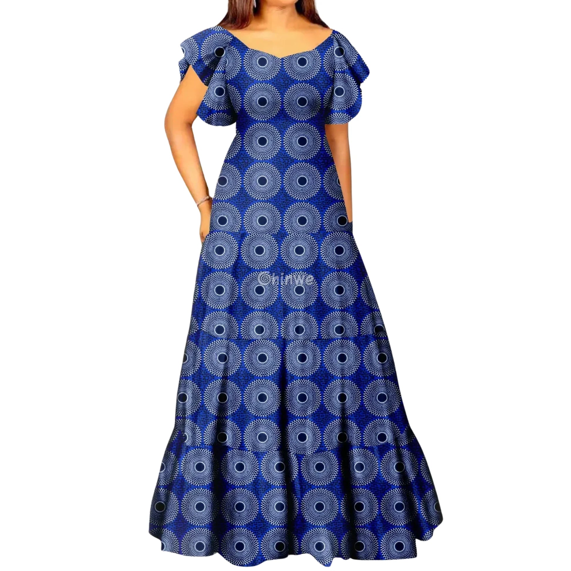 Palm Season High Waist Maxi Dress with Short Sleeves - Indigo Spiral Wax Dress / Customized - Women’s Clothing