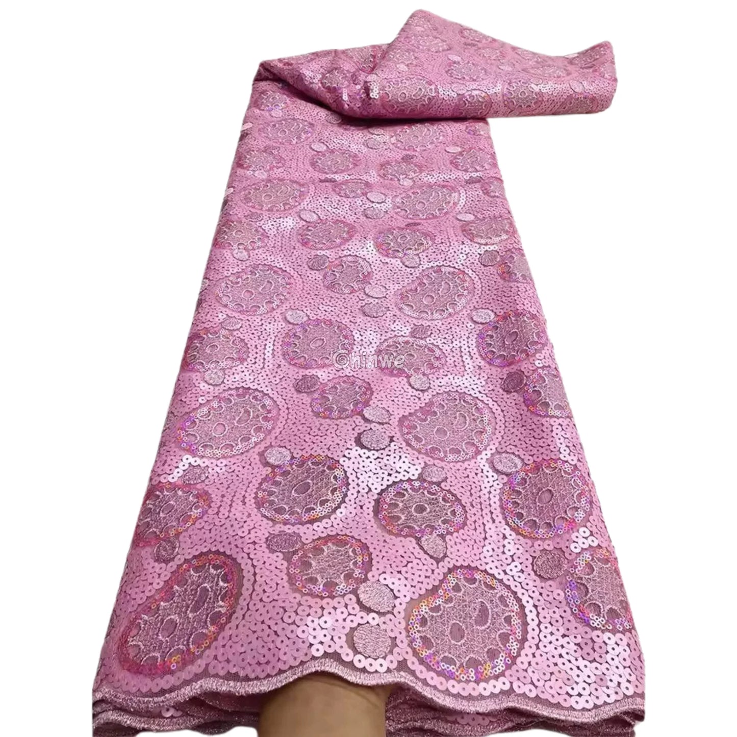 Sheer Sequined Stretch Lace Geometric Circle & Medallion Embroidered Print Fabric Soft Rose Pink Circle Sequin & Lace