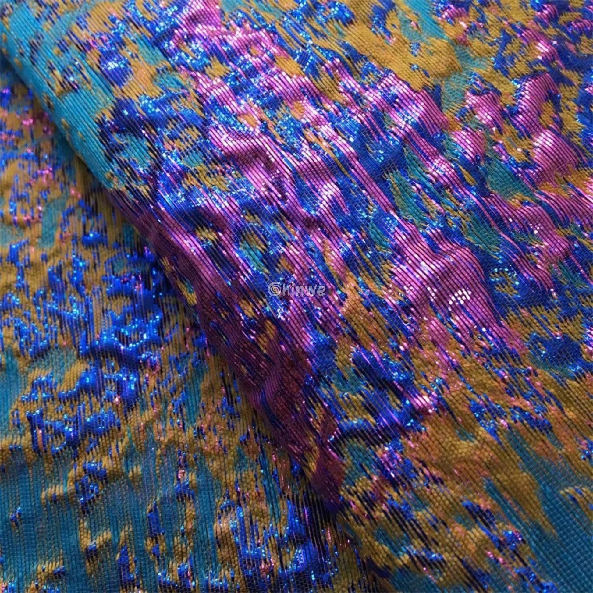 Holographic Crinkle Foil Brocade Fabric – 3D Metallic Texture with Multicolor Reflective Shine