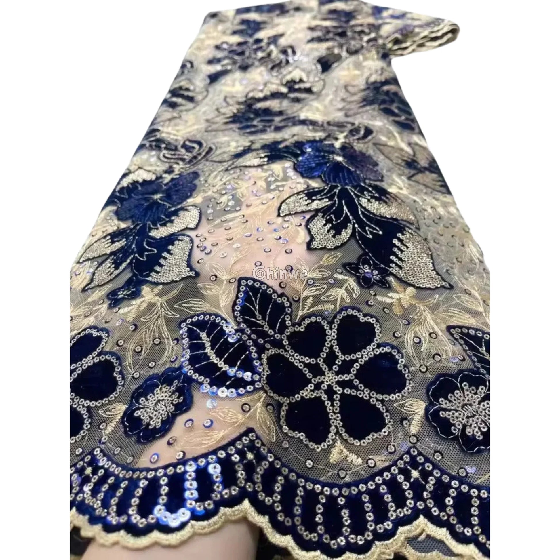 Champagne Mesh Floral Velvet Appliqué Sequined Lace Fabric with Scalloped Floral Edge