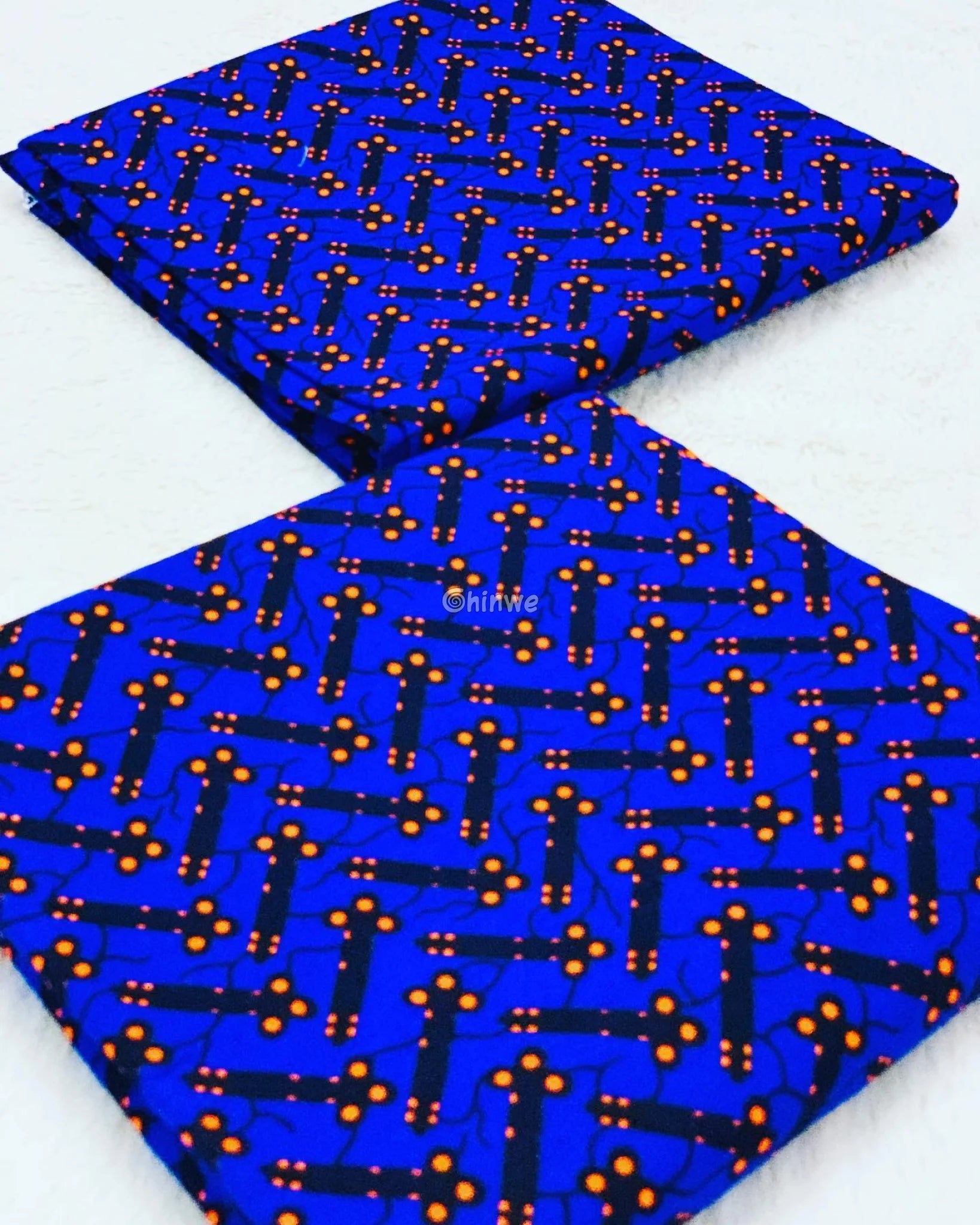 Cobalt Blue & Black Bar and Orange Dot Ankara Wax Print Fabric 6 yards cotton