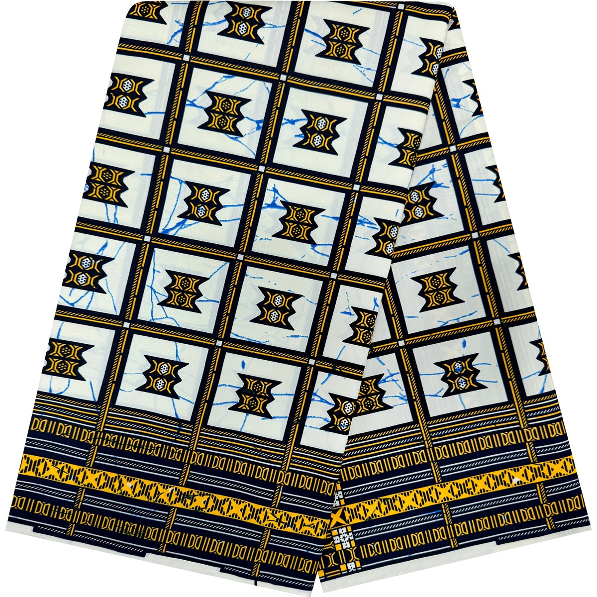 White & Gold Window Ankara Wax Print Fabric – Navy & Yellow Border, 100% Cotton