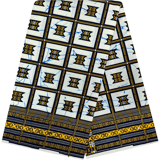 White & Gold Window Ankara Wax Print Fabric – Navy & Yellow Border, 100% Cotton