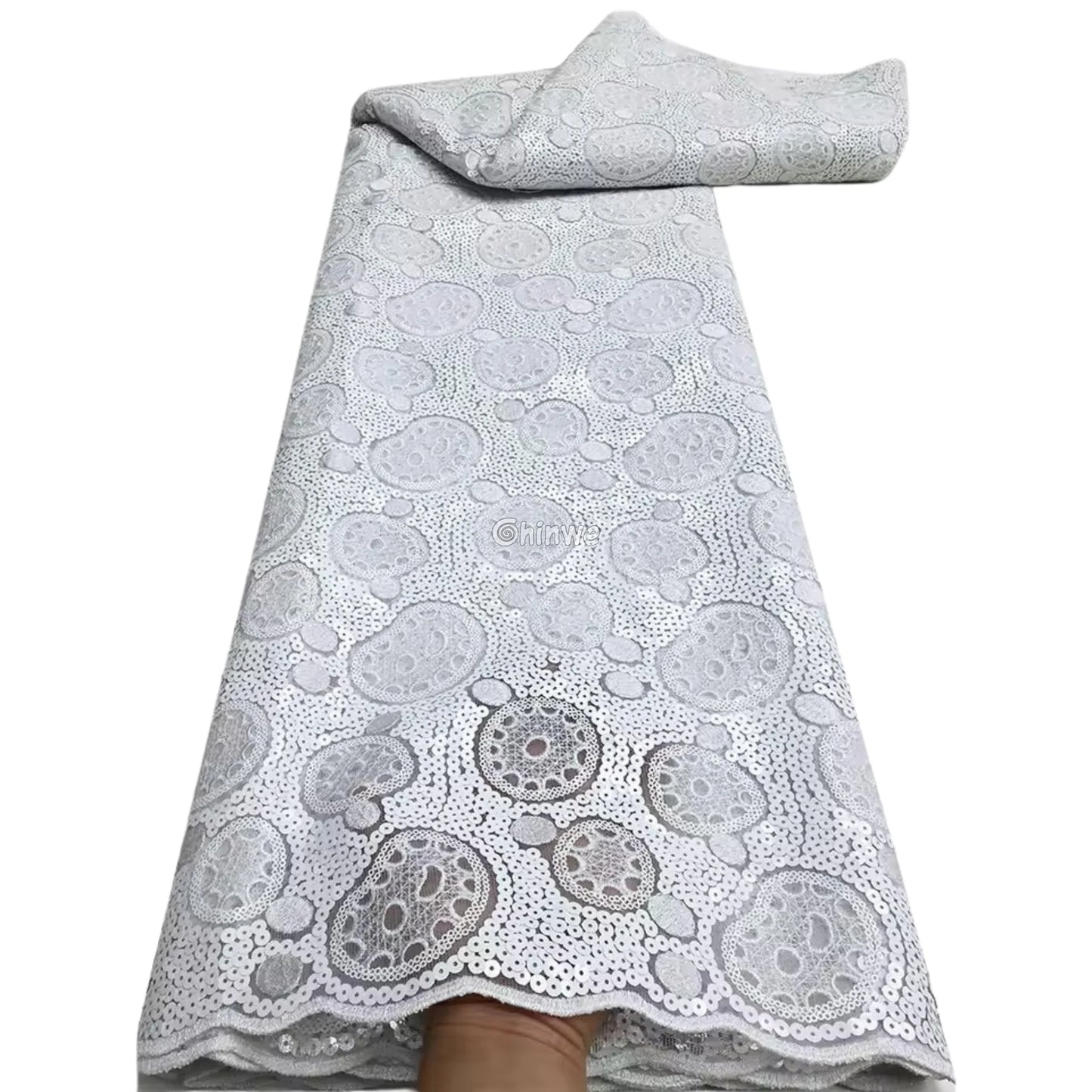 Sheer Sequined Stretch Lace Geometric Circle & Medallion Embroidered Print Fabric Silver Grey Circle Lace with