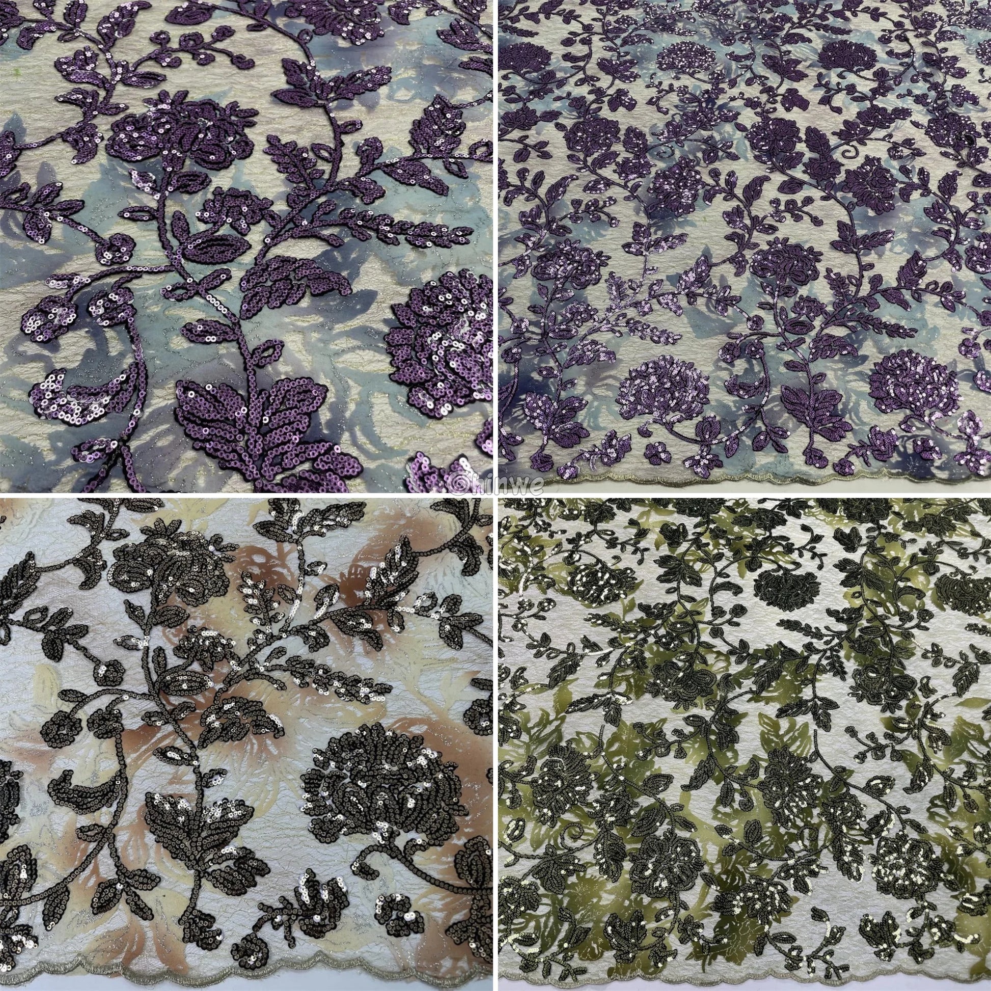 Sequined Floral Vine Embroidered Lace with Sheer Textured Base and Shimmer Finish Lace