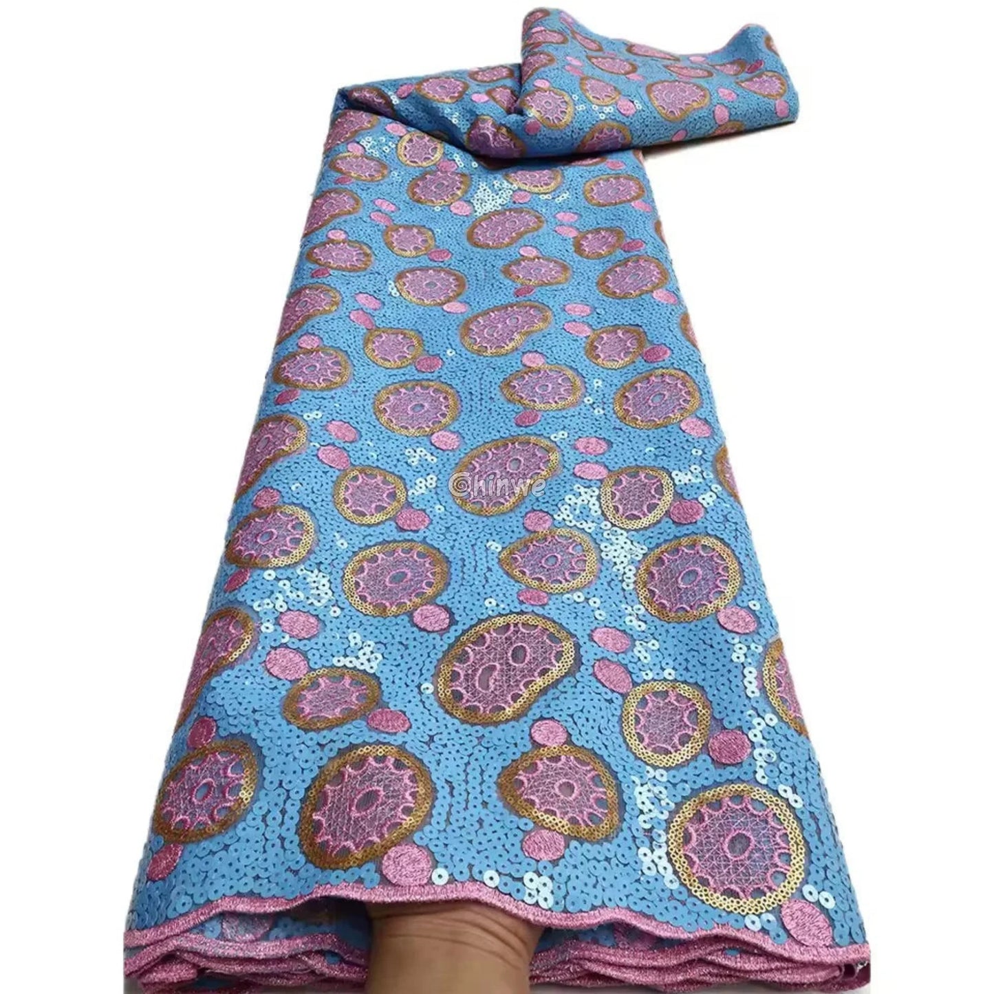 Sheer Sequined Stretch Lace Geometric Circle & Medallion Embroidered Print Fabric Sky Blue Ground with Blush Pink &