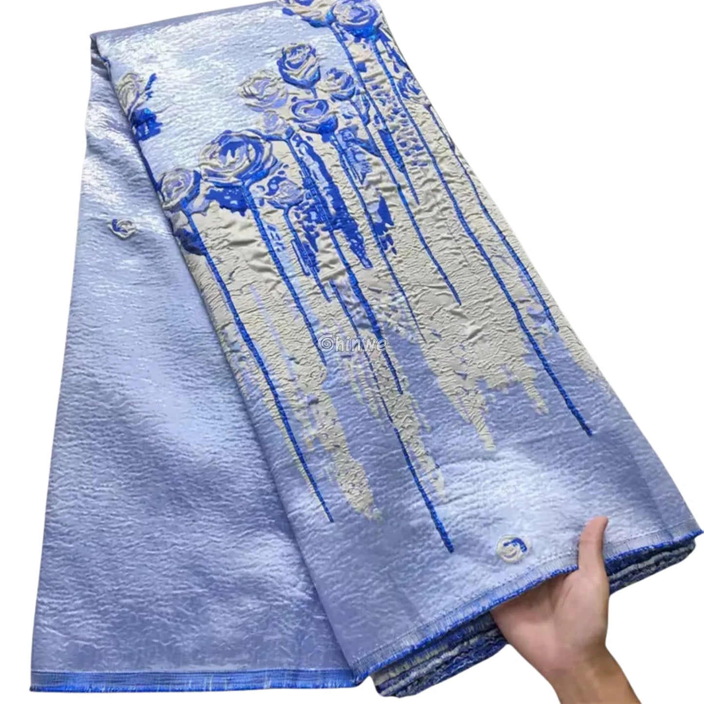 3D Rose Drip Embroidered Brocade Fabric – Floral Metallic Jacquard with Textured Sheen Lilac Blue Floral Jacquard Lace