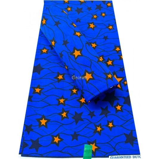Midnight Blue Starburst Fabric – Orange and Navy Star Pattern Wax Print 6 Yards African Wax Print Fabric