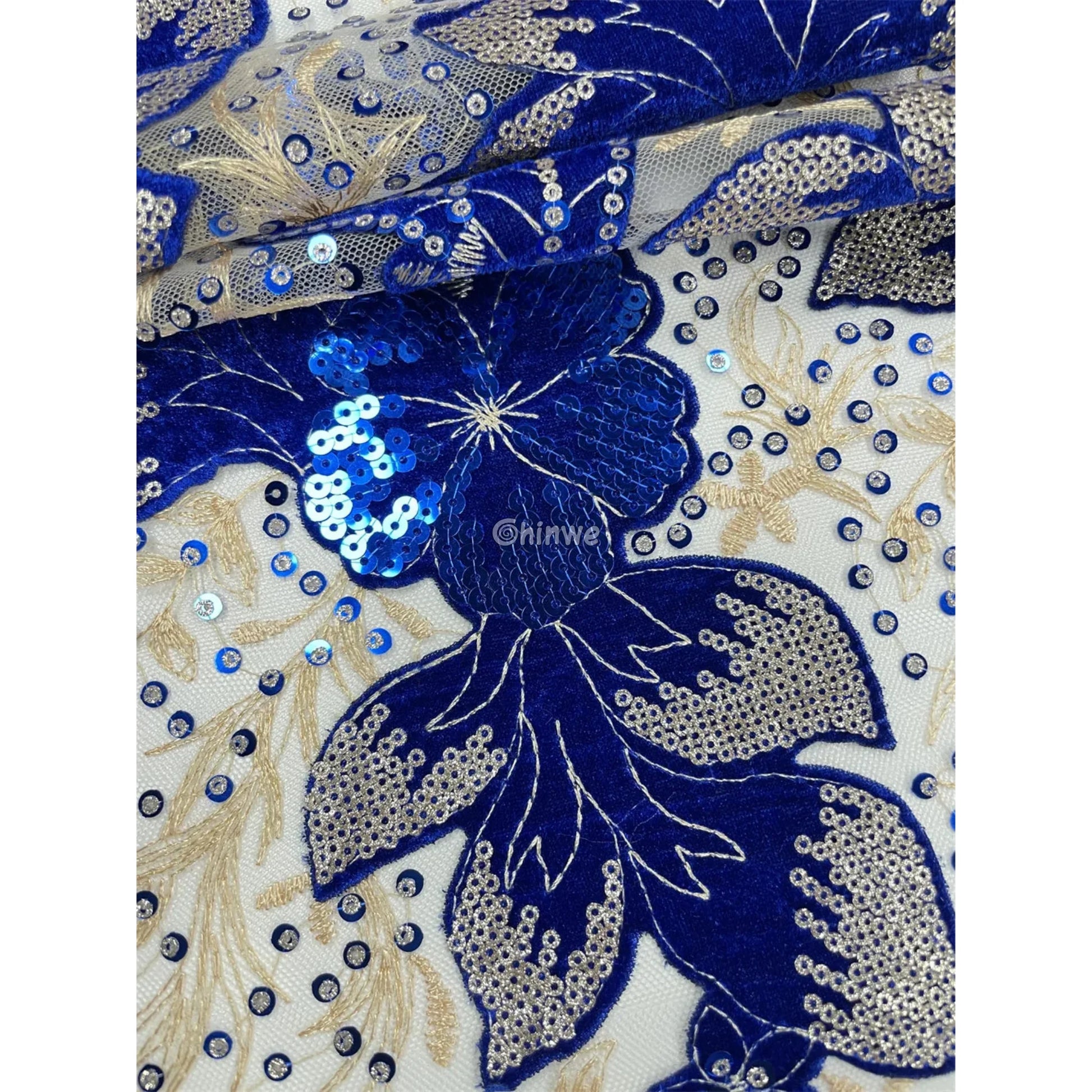 Champagne Mesh Floral Velvet Appliqué Sequined Lace Fabric with Scalloped Floral Edge
