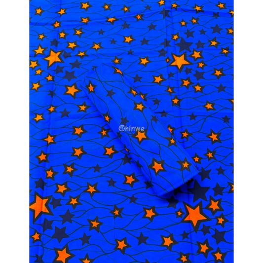 Midnight Blue Starburst Fabric – Orange and Navy Star Pattern Wax Print 6 Yards African Wax Print Fabric