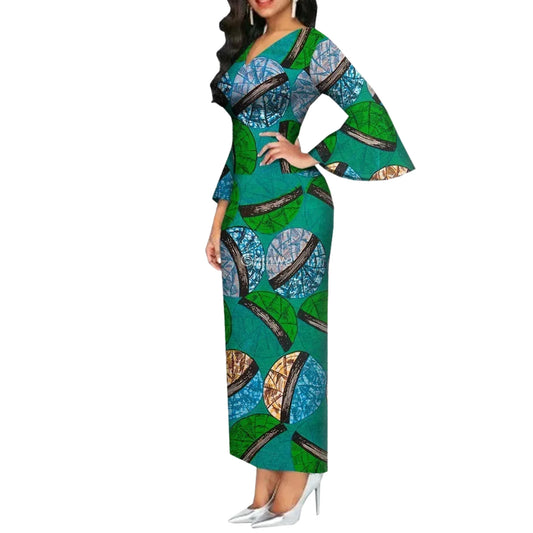 Imani One Shoulder Flare Sleeve Ankara Dress In Royal Roots Emerald Circle / Customized Women’s Clothing