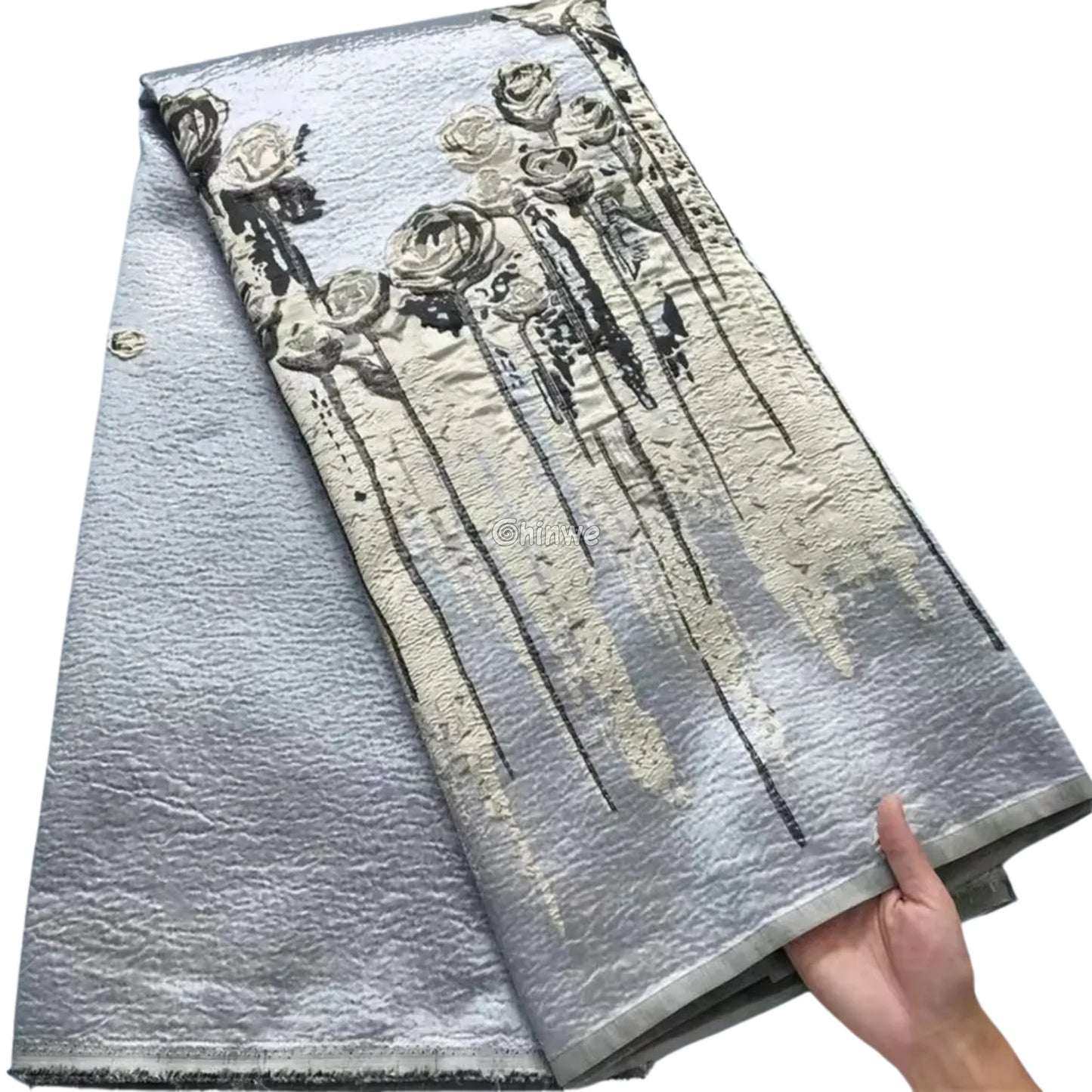 3D Rose Drip Embroidered Brocade Fabric – Floral Metallic Jacquard with Textured Sheen Gold Cream Jacquard Lace / 5yard