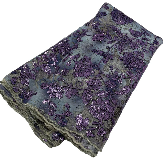 Sequined Floral Vine Embroidered Lace with Sheer Textured Base and Shimmer Finish Dusty purple with lilac sequins / 5