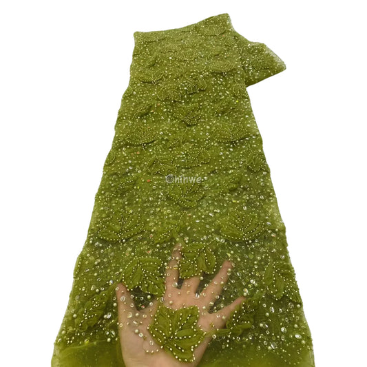 Beaded 3D Leaf Lace with Iridescent Accents on Soft Mesh for Luxury Garment Crafting Moss green with metallic glint / 5