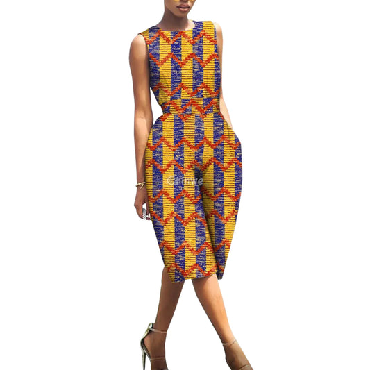 Relaxed Fit Sleeveless Wax Ankara Jumpsuit Twilight Series Burnt Orange Stacked Block Print / Customized Women’s