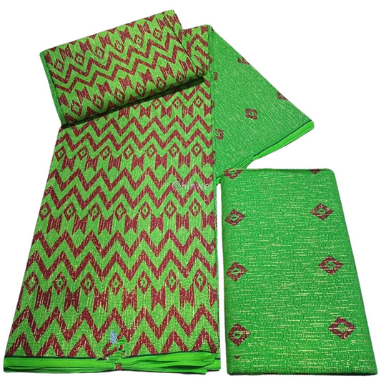 Lime Green & Red Kente Brocade with Zigzag Chevron Motif and Metallic Thread Highlights Lime Ember Kente / 6yards