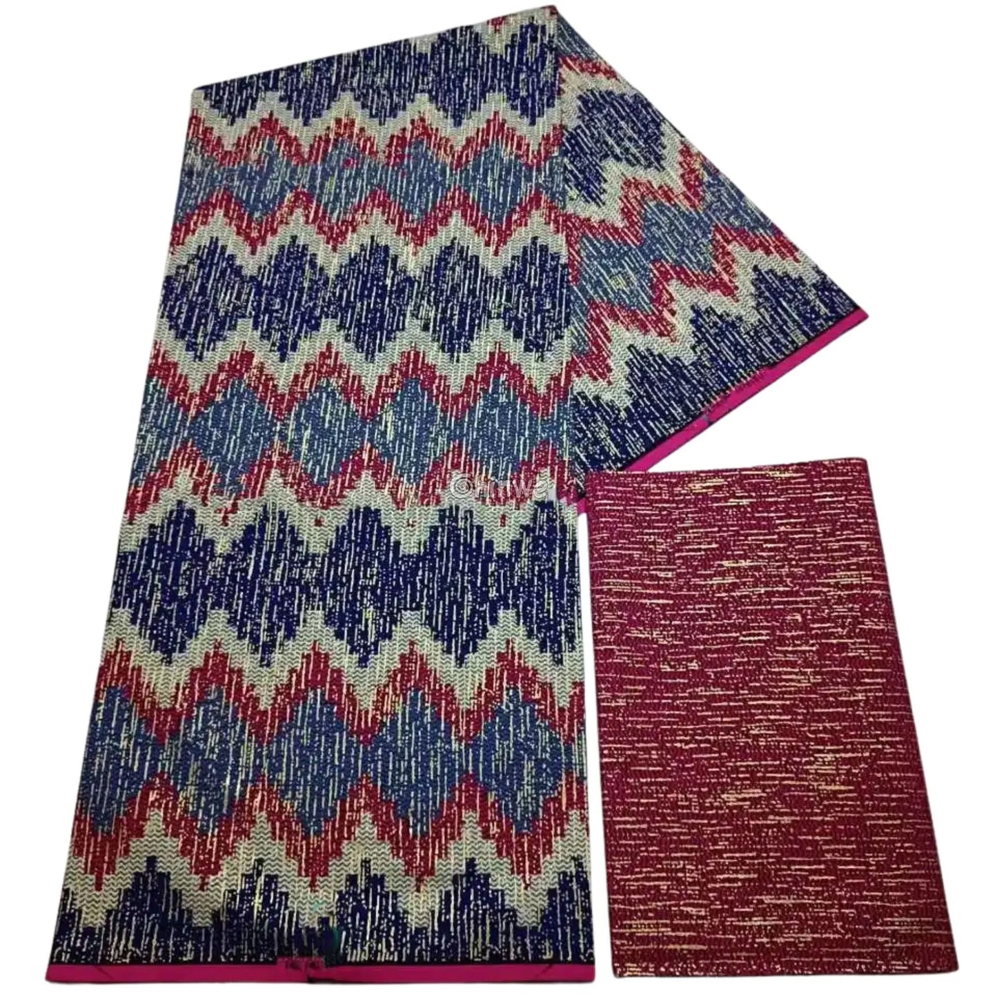Red, Navy & Cream Kente Brocade with Chevron Stripe Motif and Gold Textured Detailing