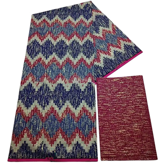 Red, Navy & Cream Kente Brocade with Chevron Stripe Motif and Gold Textured Detailing