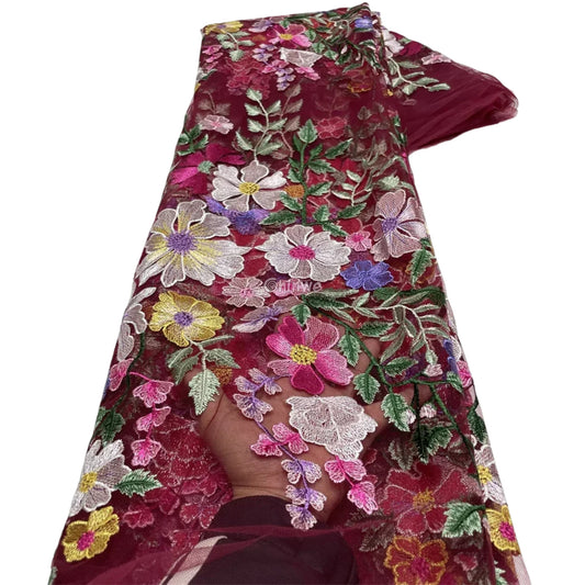 French Tulle Lace Floral Vine & 3D Appliqué Embroidery with Sheer Mesh for Couture Crafts Wine Burgundy & Garden