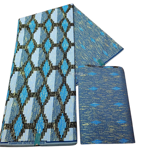 Silver Blue & Black Kente Brocade with Interlocking Diamond Motif and Metallic Accents Azure Chain Kente / 6yards