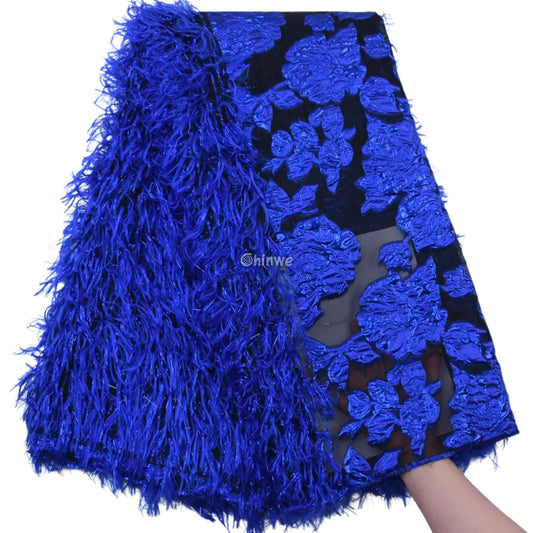 3D Floral Fringe Lace with Raised Embroidery & Metallic Fibers on Mesh Tulle Fabric Royal Blue / 5yard Lace