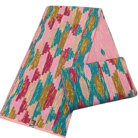 Pink Mirage Brocade Fabric – Soft Pink Teal Gold & Red Metallic Jacquard Pink Mirage / 6yards African Wax Print Fabric