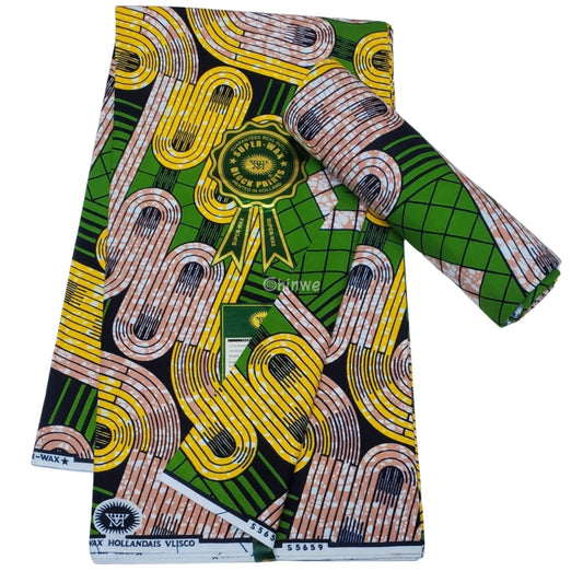 African Wax Print with Olive Green Grid, Mustard Loops, and Taupe Batik Interlocking Path Motif