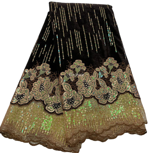 Jewel-Tone & Metallic Starburst Floral Sequined Velvet Mesh Lace Print Fabric Midnight Black & Bronze Sequined Velvet