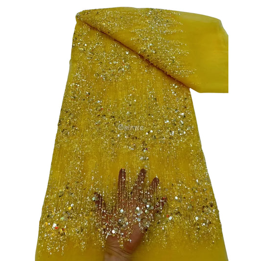 Sequin Beaded Tulle Mesh Fabric with Dripping Floral Shimmer & Textured Wave Pattern Marigold Yellow Sequin / 5 Yards