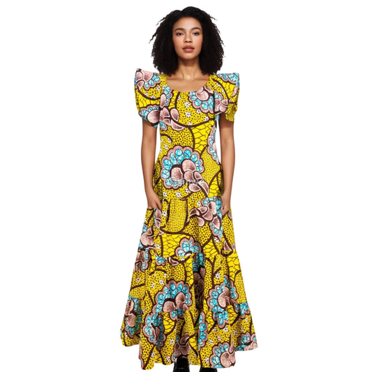 Palm Season High Waist Maxi Dress with Short Sleeves - Women’s Clothing