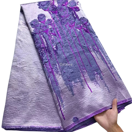 3D Rose Drip Embroidered Brocade Fabric – Floral Metallic Jacquard with Textured Sheen Purple Bloom Rose Jacquard Lace