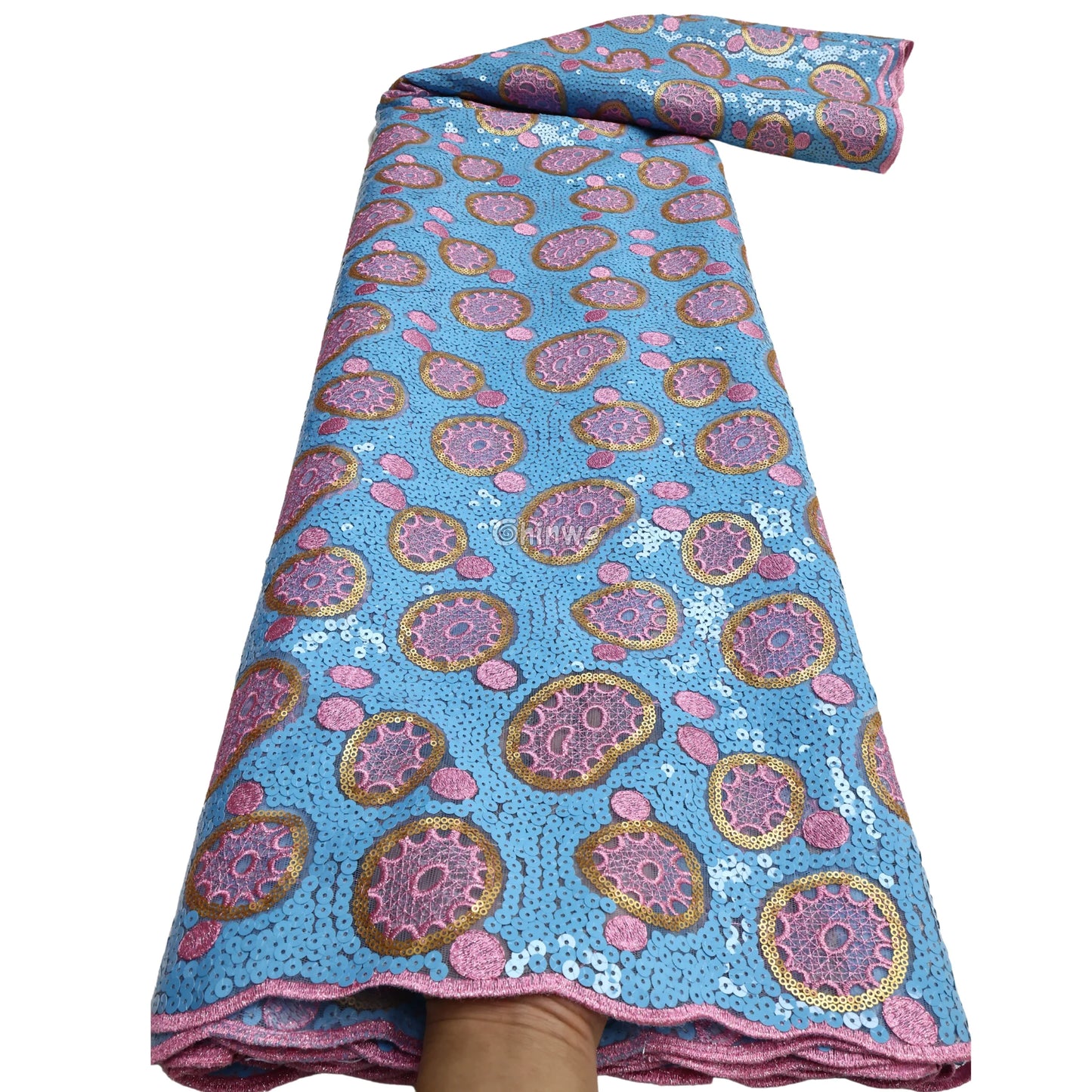 Sheer Sequined Stretch Lace Geometric Circle & Medallion Embroidered Print Fabric Lace