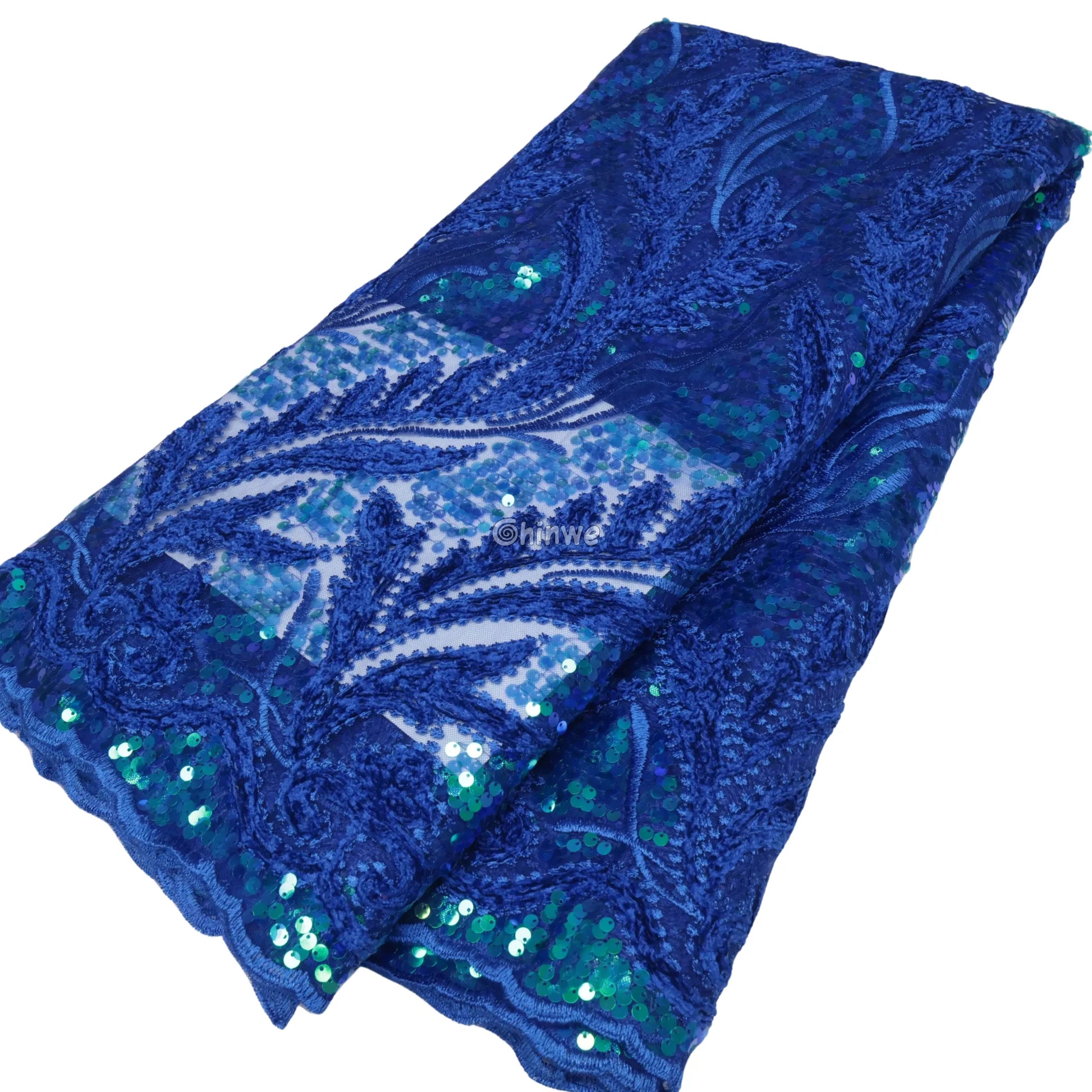 Sapphire Blue Champagne Gold & Emerald Green Swirl Appliqué Sequined Mesh Print Fabric Lace