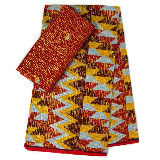 Red Yellow & Blue Kente Brocade with Lightning Chevron Motif and Gold Metallic Detailing Crimson Bolt Kente / 6yards