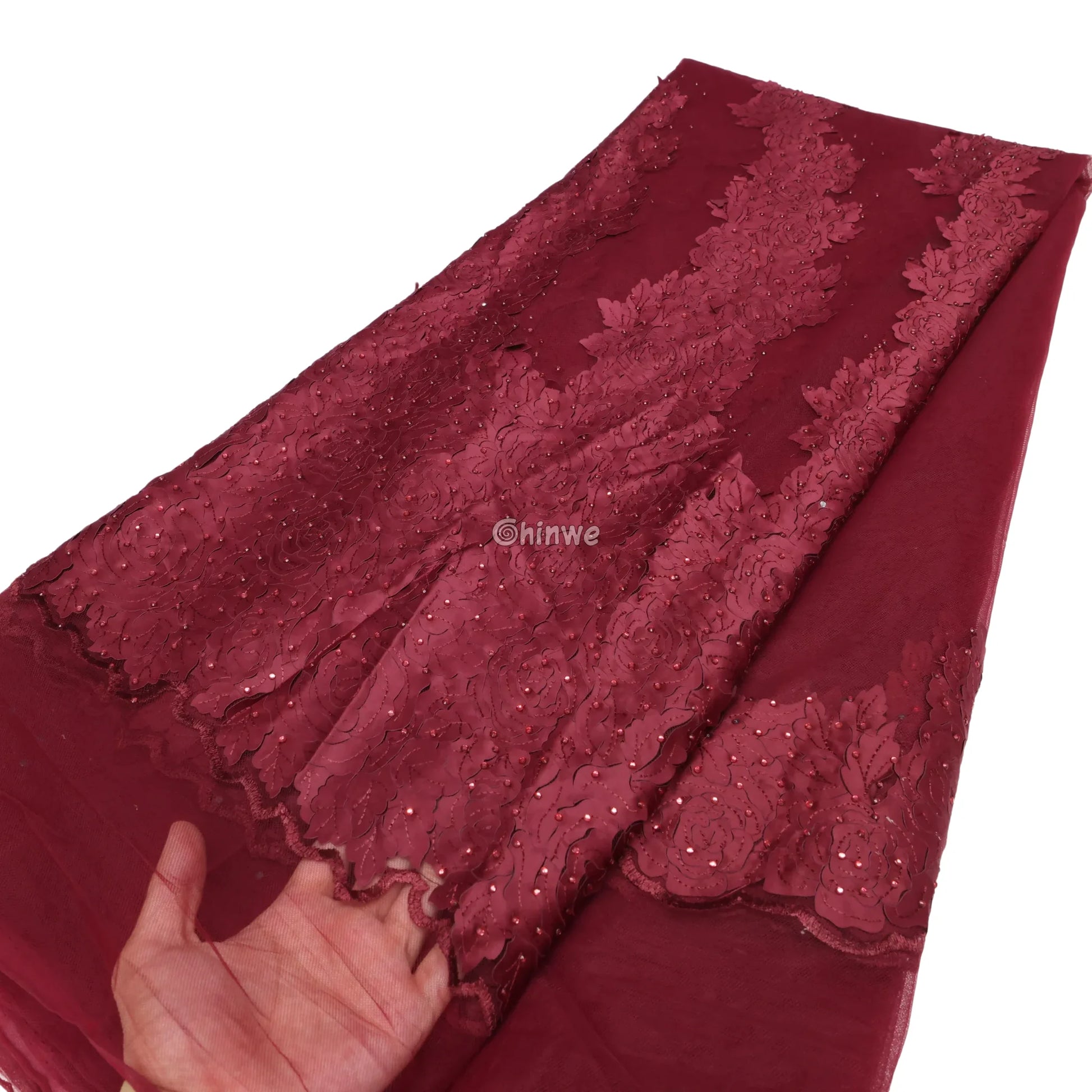 Sequined Floral Appliqué Lace Fabric with Scalloped Edge Sheer Tulle Base & Delicate Texture Lace